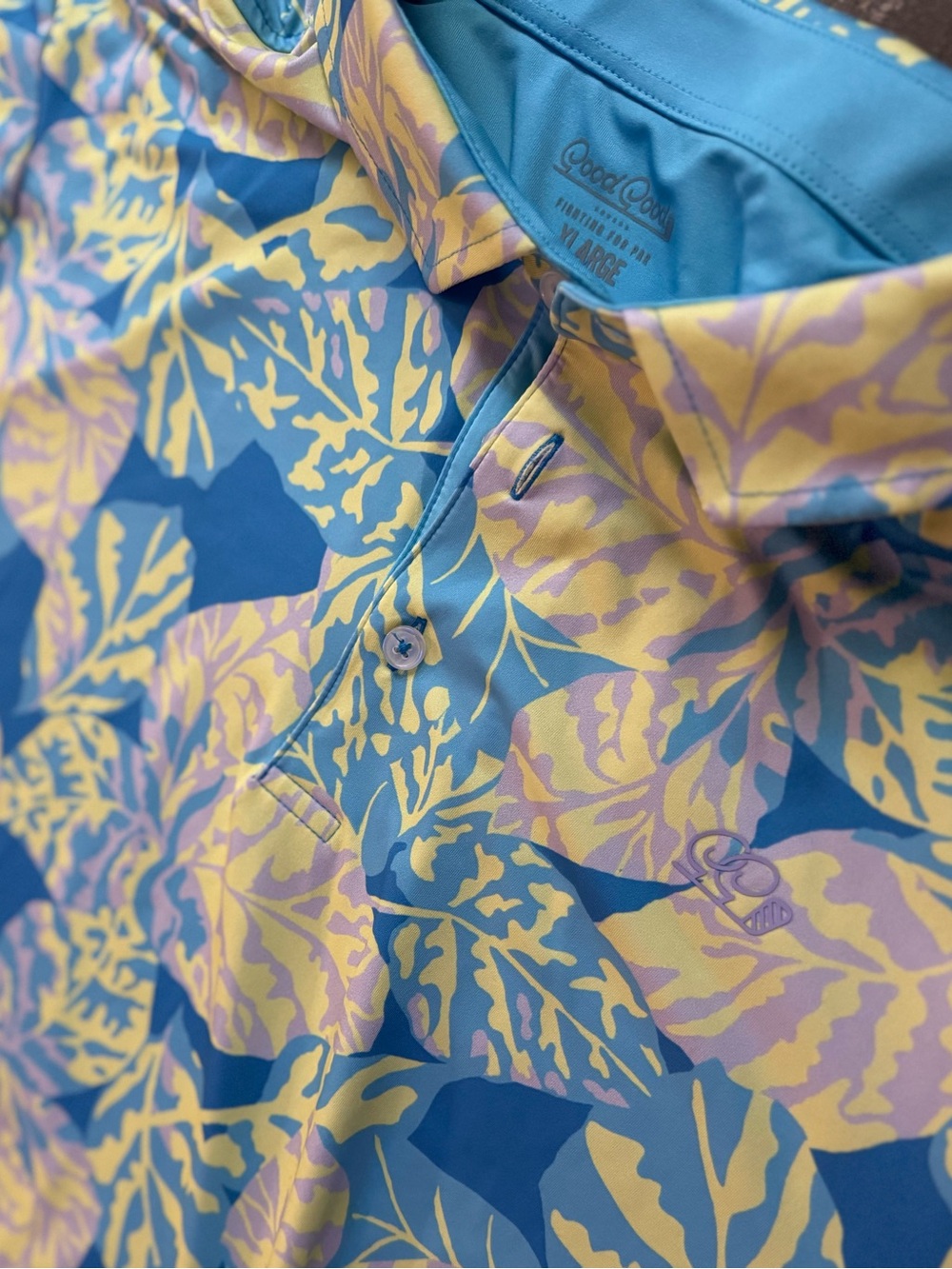 Good Good “Oasis Leaves” XL Men's Golf Polo in Blue & Yellow